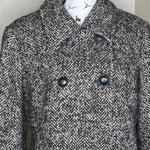Old Navy Coat Womens Large Brown White Herringbone Wool Blend Peacoat Jacket - Picture 1 of 15